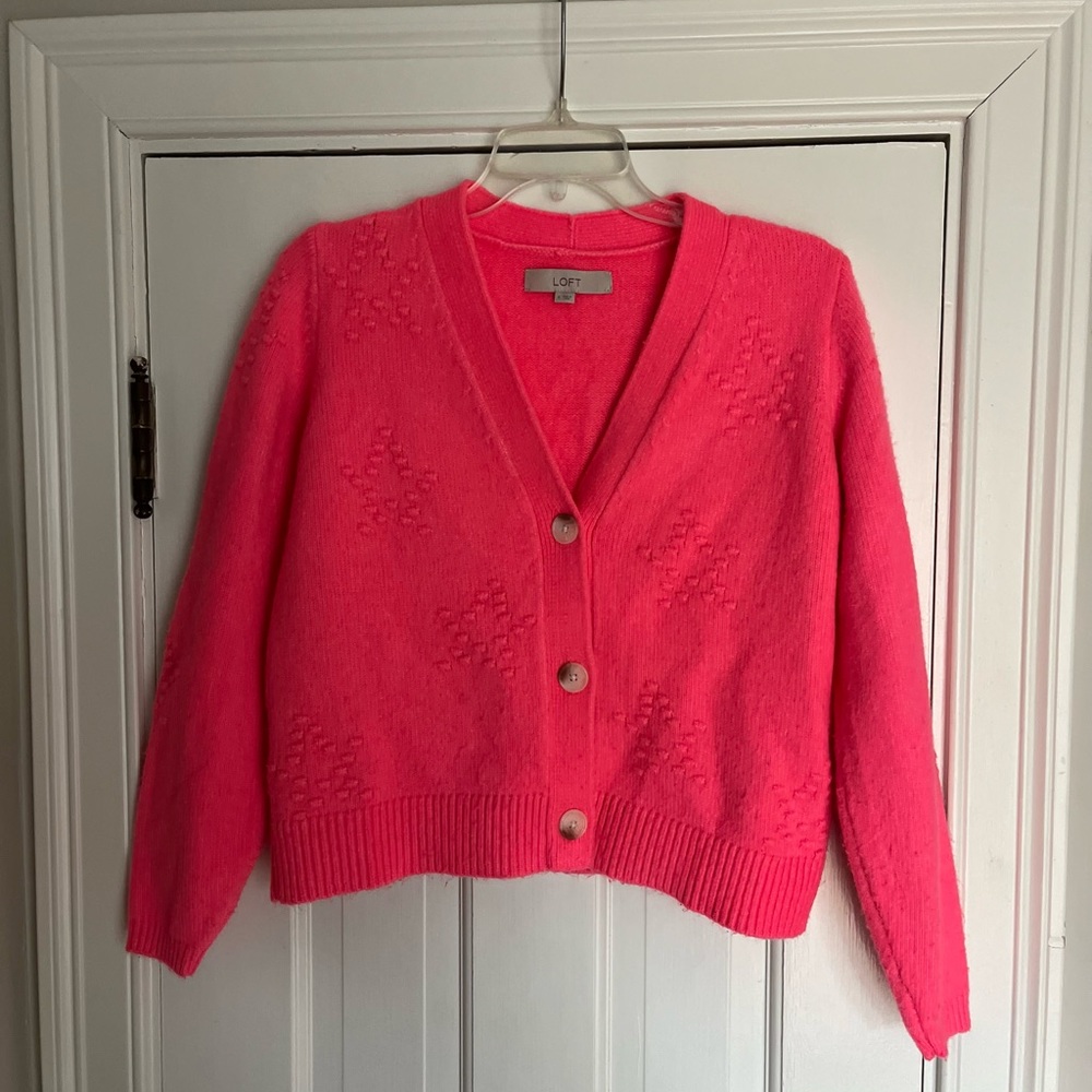 LOFT Neon Pink Cropped V-Neck Cardigan Sweater S